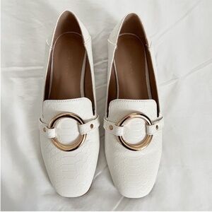 New Look Snakeskin Loafers, Size 7, White and Gold Buckle